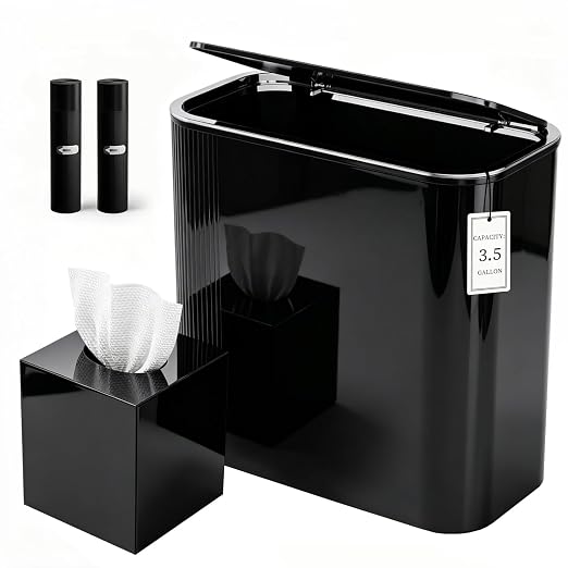 3.5 Gal Black Bathroom Trash Can with Lid & Acrylic Square Tissue Box Cover | Covered Slim Trash Can With Tissue Box Holder Helps Organize Bathroom, Bedroom, And Living Spaces While Saving Room