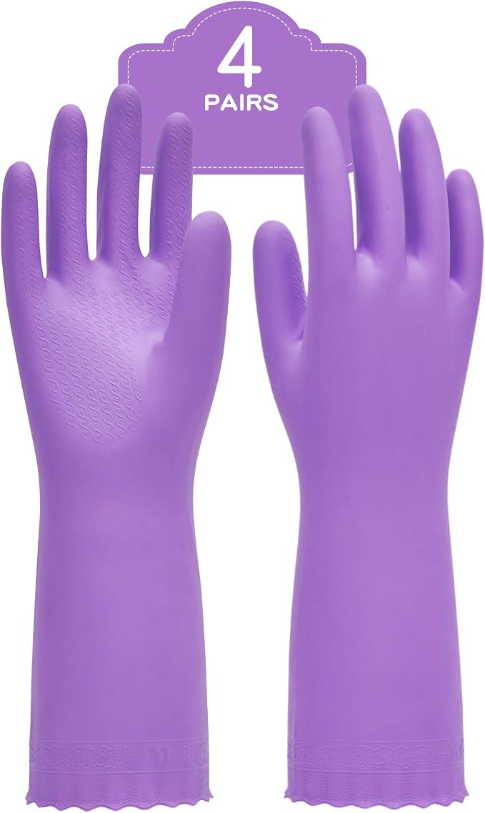 4 Pairs Dishwashing Gloves, Cotton Flocked Liner, Purple, Small | Waterproof dishwashing gloves with non-slip grip, soft cotton lining, flexible fit for kitchen, bathroom, laundry & cleaning