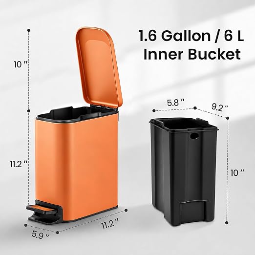 TIPGO Small Bathroom Trash Can with Lid, 1.6 Gal, Soft Close, Orange | Foot Pedal, Soft Quiet Lid, 5.9'' Slim for Narrow Space, Stainless Steel, Anti-fingerprint, Removable Inner Bucket, Odor Seal