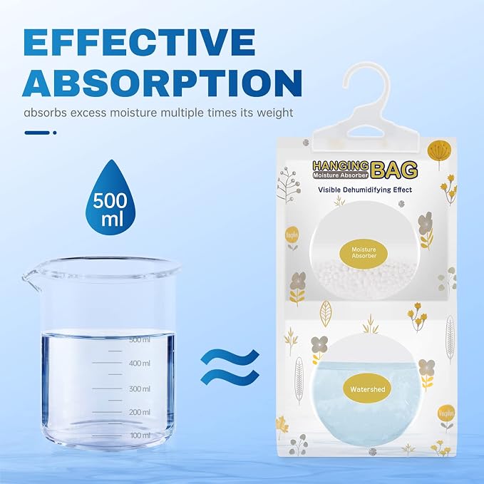 Vacplus Moisture Absorber, 5Pack Hanging, Strong Absorption, Unscented | Closet, Enclosed Spaces, Bathroom, Odor Eliminator, Dehumidifier Bags, 9.8 OZ