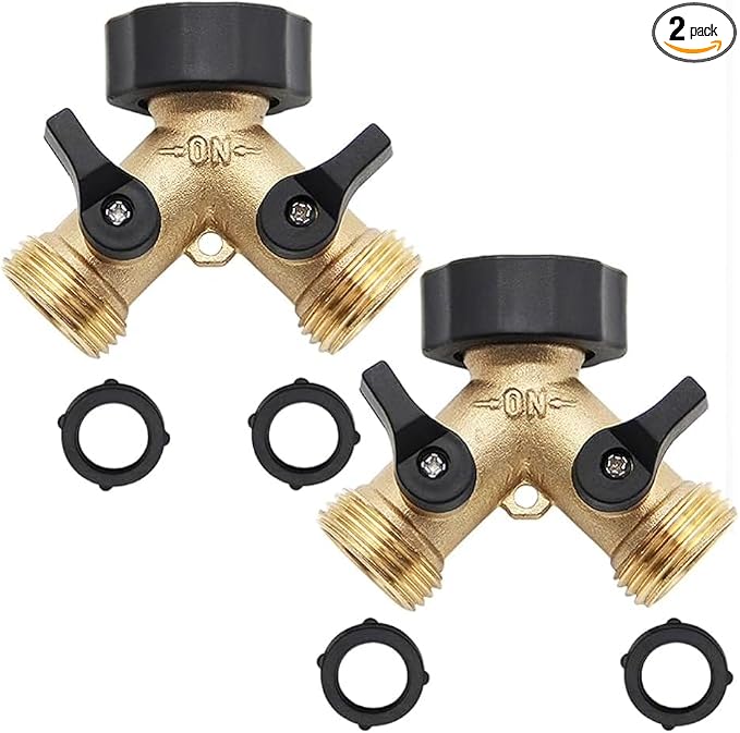 A30008-D Brass Hose Y Connector Brass Garden Hose Adapter, Garden Hose Splitter 2 Way Heavy Duty, Hose Bib Splitter with 2 Extra Rubber Washers-2PACK
