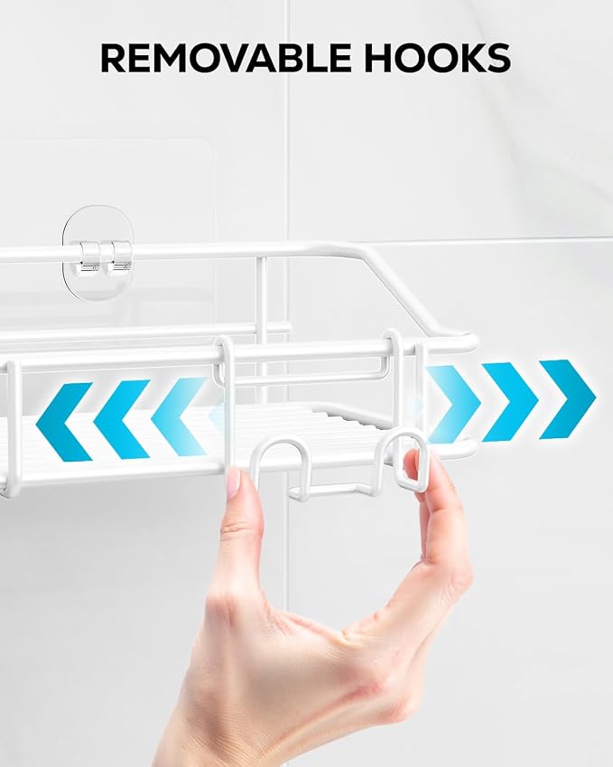 Nieifi Shower Caddy Adhesive, Shower Shelves, Shampoo Holder for Bathroom | Stainless steel, 2 pack, shower rack, shower organization, with hooks, rustproof, no drilling, razor holder, white