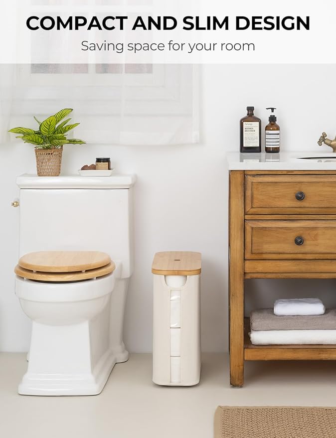 StorageWorks Toilet Paper Storage Basket with Bamboo Lid & Window | See Rolls at a Glance with Clear Window, Holds 16 Regular or 12 Mega Rolls for Bathroom Toilet Paper Storage, Beige