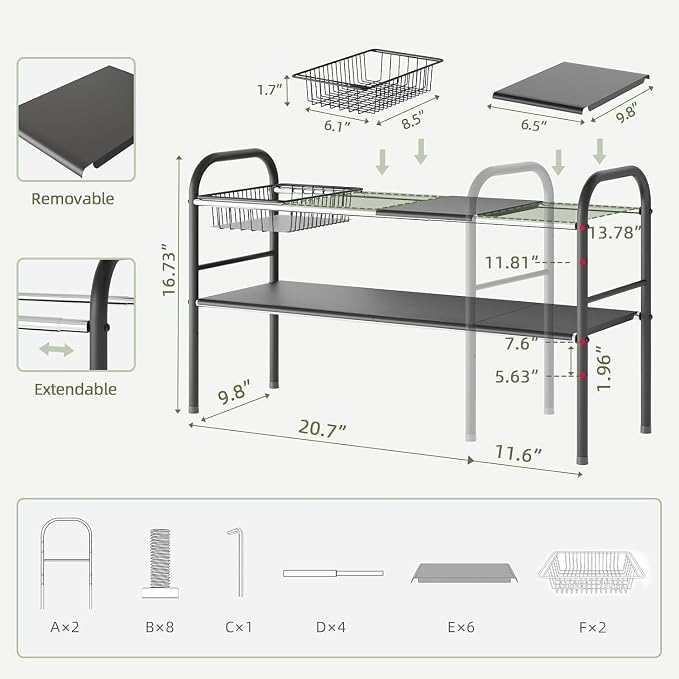 Under Sink Organizers and Storage,Expandable under cabinet organizer Shelf | 2 tier expandable shelf for kitchen,bathroom,6 Removable ABS Panels and 2 Baskets,Adjustable partition height,20.7-32.3" W