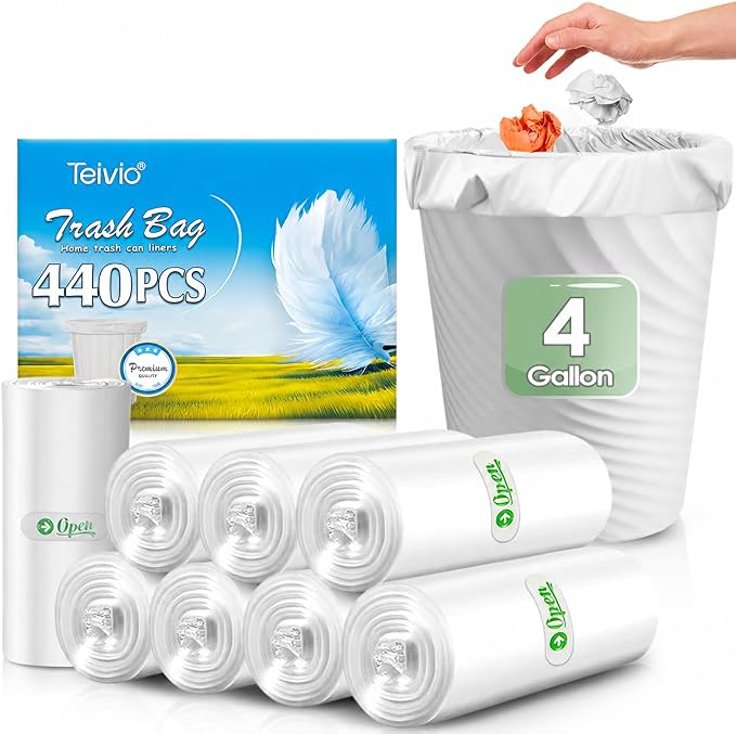 Teivio Small Clear Trash Bags 4 Gallon 440 Count Bathroom Garbage Bags | Fit 12-15 Liters,3.5,3.8,4,4.5Gal,Mini Plastic Waste Basket Bins Can Liners for Home Bathroom Office Car, Cleaning Supplies