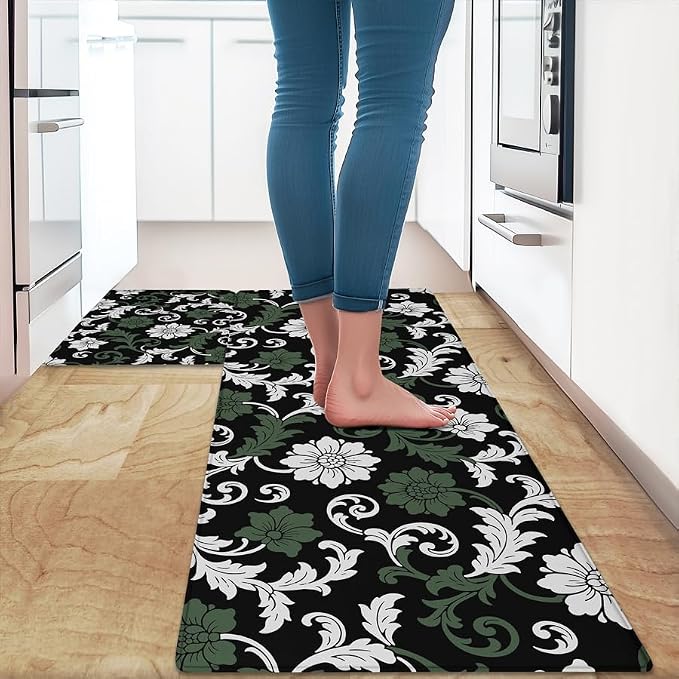 Feelyou Boho Kitchen Rugs Sets 2PCS，Floral Kitchen Mats for Floor，Paisley Cushioned Anti Fatigue，Retro Waterproof Non-Slip Rugs for Office Laundry Room Decor Accessories 17.3"x28"+17.3"x47"inch