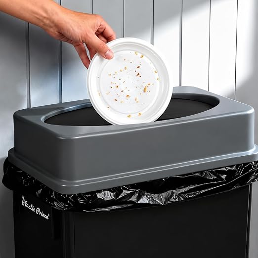 PLASTIC PRINCE 23 Gallon Slim Trash Can with Swing Lid Commercial Rectangular Garbage Can with Drop Shot Lid Waste Bin with Double Flip Top for Restaurant Home Kitchen Office, Black/Gray 2 Pack