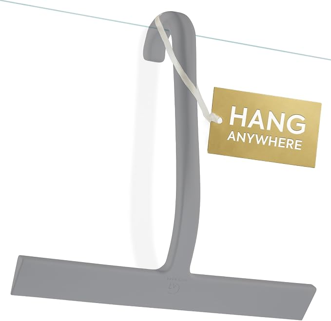 Shower Squeegee for Glass Doors, 10″ Gray with No-Drill J-Hook | Hang Anywhere Without Adhesive, Seamless One-Piece Silicone, Encased Steel Core, Streak-Free Shower Squeegee for Glass & Tile