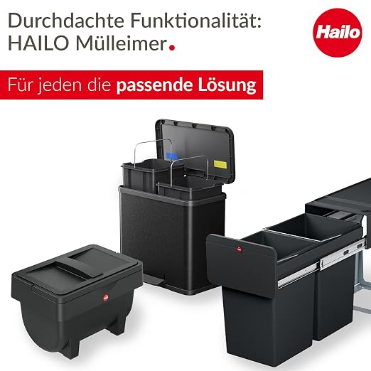 Hailo OKO Trio Plus 0633-260 Pedal Waste Separator Kitchen Trash Can with 3 x 9L Removable Inner Buckets with Soft-Close Lid, Wide Foot Pedal, Multi-Compartment Recycling Bin, Black
