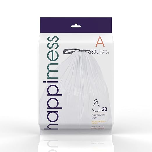 happimess 20-Count Unscented 8 Gal Drawstring Trash Bags, White, Pack of 6 | 30 Liters, Heavy Duty LDPE Plastic, Tear And Puncture Resistant, Tailored Custom Fit, Recyclable