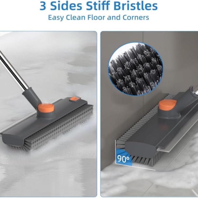 Floor Scrub V Brush with Long Handle, 4 in 1 Multi-Angle Swivel Right Angled Bristle Floor Scrubber Brush with Squeegee and Tweezer for Cleaning Tile Wall Deck Bathroom Patio Garage Kitchen