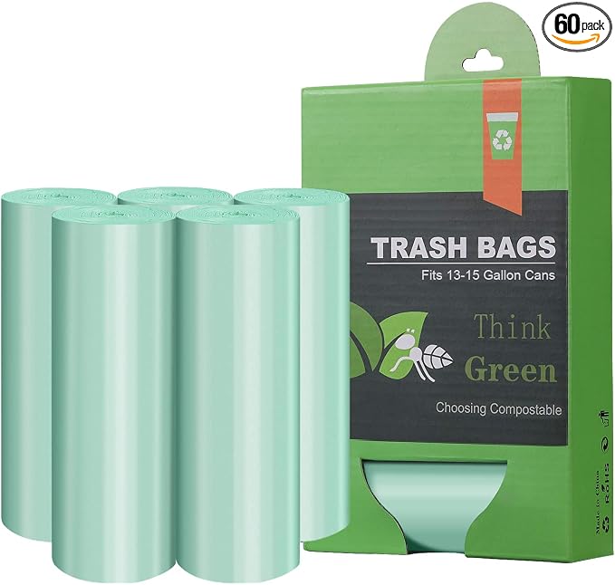 Compostable Trash Bags，AYOTEE 13-15 Gallon Tall Kitchen Garbage Bags | Heavy Duty Unscented 1.18Mils 55 Liter, 60 Count,Strong Thicken Rubbish Waste Can Liners for Kitchen Garden Home