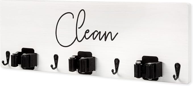 Ilyapa Wall Mount Broom Holder, White Wooden Mop Storage | 3 Pole Holders with 4 Hooks, Kitchen or Laundry Room Organizer