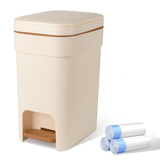 Small Bathroom Trash Can with Lid Slim Step Garbage Can 2.6 Gallon Cream | Stylish Decor Soft Close Trash Bin Plastic Wastebasket with Trash Bags for Kitchen Bedroom Office Living Room Toilet College