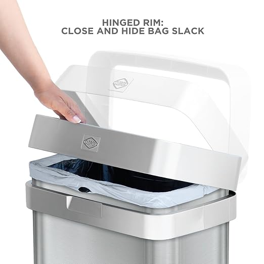 Clorox Slim Open Top Stainless Steel Trash Can, Silver, 13 Gallon / 50L | Narrrow Rectangular Garbage Bin with Hinged Rim Protection for Commercial Spaces, Kitchen, and Office Use
