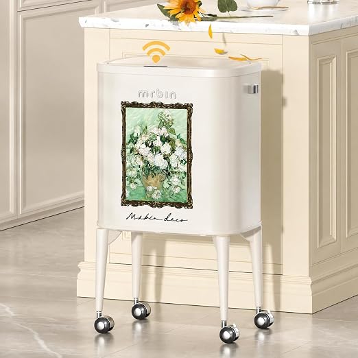 MRBIN Metal Motion Sensor Kitchen Trash Can with Wheel Legs, Slim Waste Basket with Lid, 36L / 9.5gal Pet Proof Tall Narrow Garbage Pail for Vanity, Bathroom, Bedroom, Living Room, White Rose