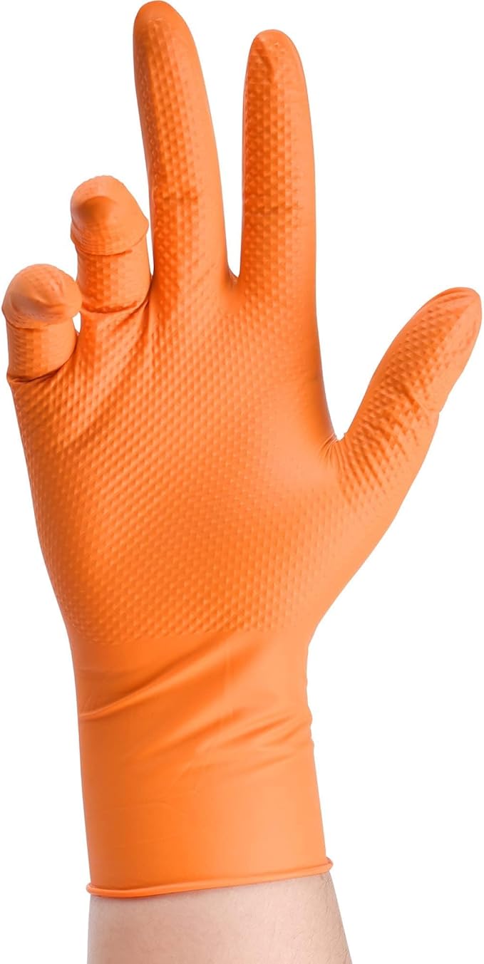 TitanFlex Heavy Duty Industrial Orange Nitrile Gloves, 8-mil, Gloves Disposable Latex Free with Raised Diamond Texture Grip, Powder Free, Rubber Glove, Mechanic Gloves,50-ct Box (XXL)