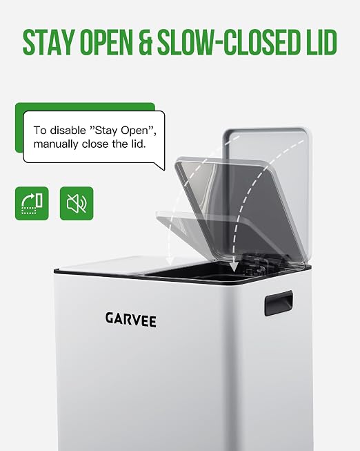 Garvee 16 Gal Dual Compartment Stainless Steel Trash Can with Inner Buckets | White Step Pedal Trash Can, Heavy Duty Recycling Bin with Lid & Step Pedal, for Kitchen, Office, Home, Commercial Use