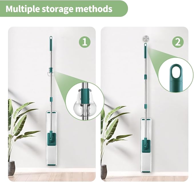 CQT Commercial Flat Microfiber Floor Mop Cleaning System 24" Inch Wet Dry and Dust Hardwood with 4 Washable Pads Cleaner for Laminate Tile Stainless Steel Handle and Extension (PT14 Green)