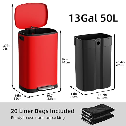 KUK 13 Gallon Kitchen Trash Can with Lid, 50L/13Gal Office Step Garbage Can for Home, Kitchen, Laundry Room, Office, Brushed Stainless Steel, Red