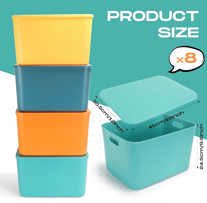 Hoolerry 8 Pack Storage Bins, 16.1 X 12.0 X 9.7 Inch Multi-colored | Plastic Stackable Containers with Lid Handle, For Shelves Desktop Playroom Office, Organizing Toys Books Supplies Storage
