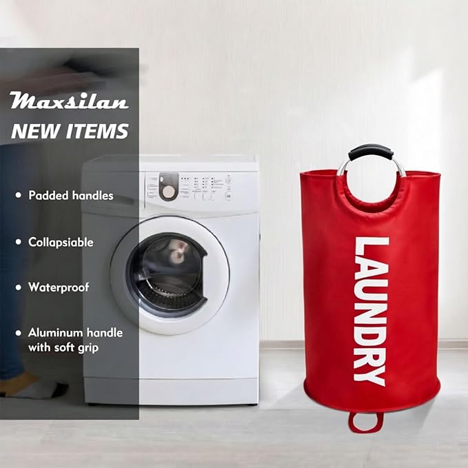 Maxsilan 90L Large Laundry Basket Bag, Collapsible Tall Hamper, Red | Freestanding tall laundry bag & foldable washing basket. Extra large clothes storage bin with durable sturdy handles