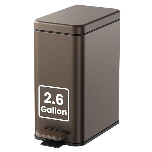 Cesun 2.6 Gallons Small Bathroom Trash Can with Lid Soft Close, Brown | Removable Inner Bucket, Small Stainless Steel Garbage Can for Bedroom/Office, Hands-Free Step Pedal, Fingerprint-Resistant
