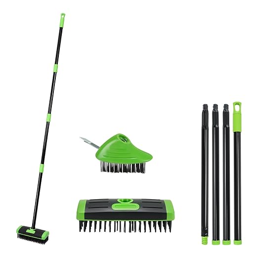 3-in-1 Deck Brush with Long Handle, Weed Brush | 3-in-1 outdoor brush with steel bristles, weed hook & long handle for cleaning patios, decks, driveways and cracks