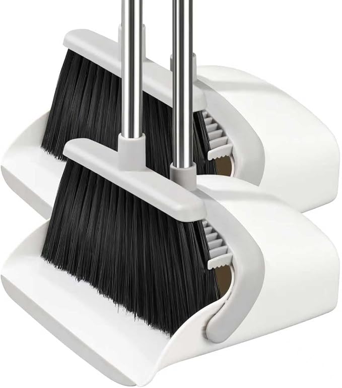 Broom with Dustpan Combo Set, Hand Broom and Dustpan Set for Sweeping Indoor Angle Broom for Home Office Kitchen Lobby Floor Pet Hair Indoor&Outdoor Cleaning (2-Pack-White)