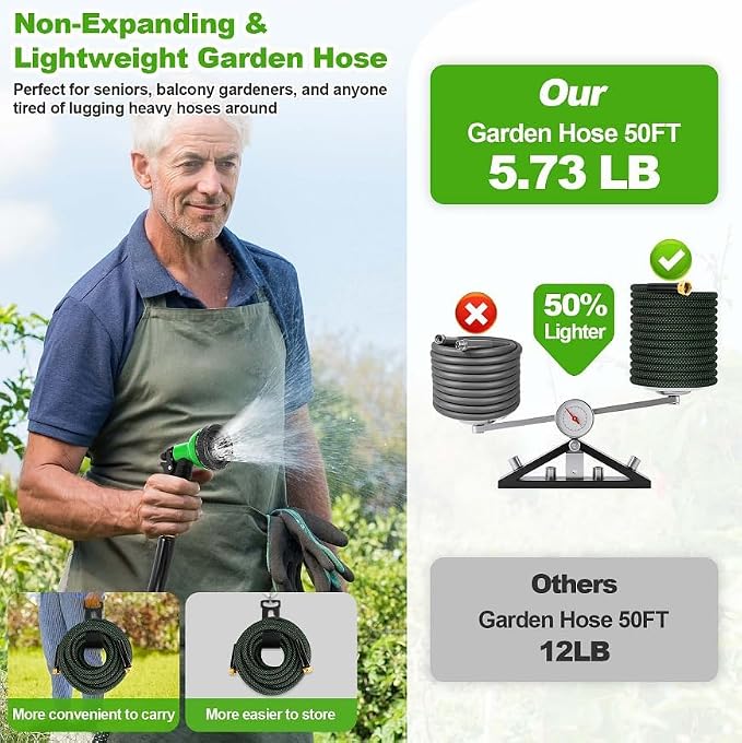Garden Hose 100ft, Non-Expanding Flexible Hose, Lightweight | Kink Free, Sturdy, Leak-Proof, Portable, Water Hose with 10 Function Nozzle for Outdoor, Yard, Lawn, Car Wash and Camper Use