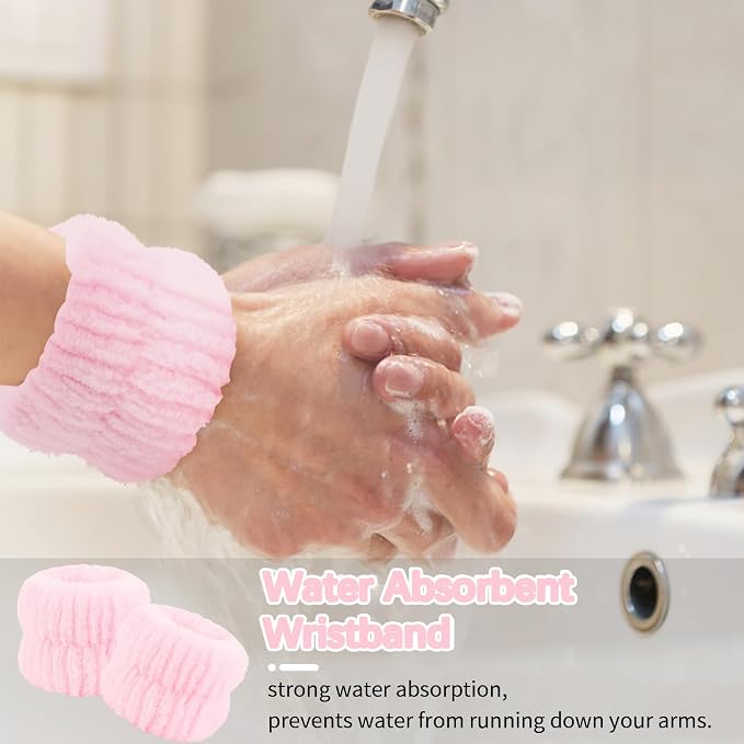 WHAVEL 6PCS Spa Headband and Wristbands Set, Face Wash Headband Wrist Bands for Washing Face Skincare Makeup Hair Band Skin Care Accessories Tools，Blue&Pink