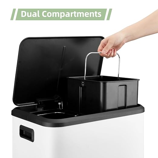 GAOMON Dual Bin Rectangular Trash Can, Stainless Steel Waste Bin with Lid, 30 Liters (2 X 15 L), Trash Can with Recycling Bin Combination, Soft Close and Airtight Lid - White