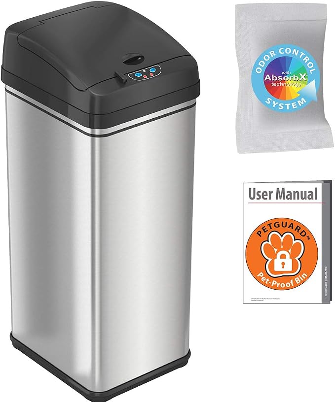 iTouchless 13 Gallon Pet-Proof Sensor Trash Can & AC Power Adapter for Automatic Sensor Trash Cans, Official and Manufacturer Certified, UL Listed, Energy Saving