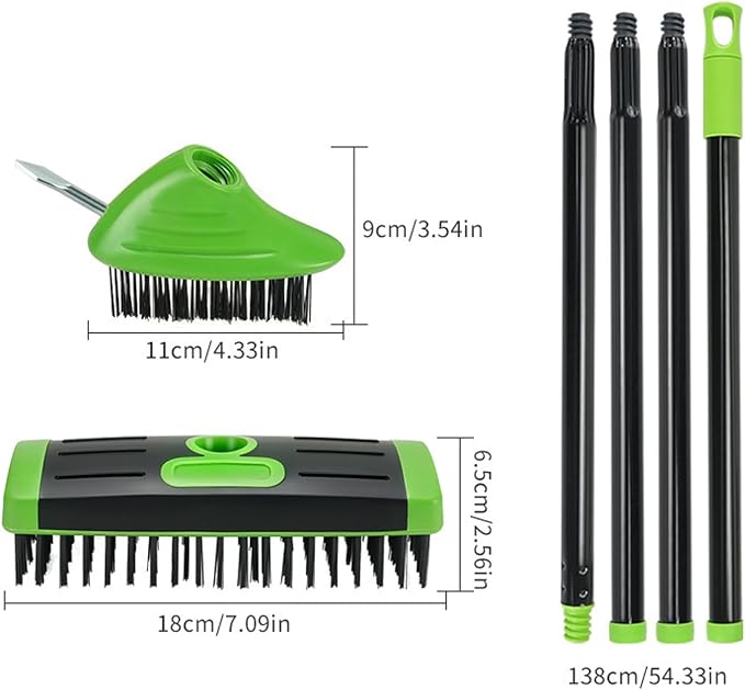 SakerPlus 3-in-1 Versatile Weed Brush Combo Set with Long Handle (1pack) | Crack Weeder Brush, Wire Floor Scrubber, Triangular Brush, Scraper, Steel Wire Bristles for Patio, Driveway, Deck