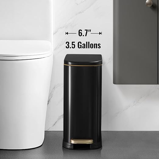 SYNCVIBE Bathroom Trash Can with Soft Close Lid 3.5 Gallon Matte Black | Stainless Steel Garbage Can with Removable Inner Bucket Slim Trash Bins with Step Pedal for Bedroom, Office