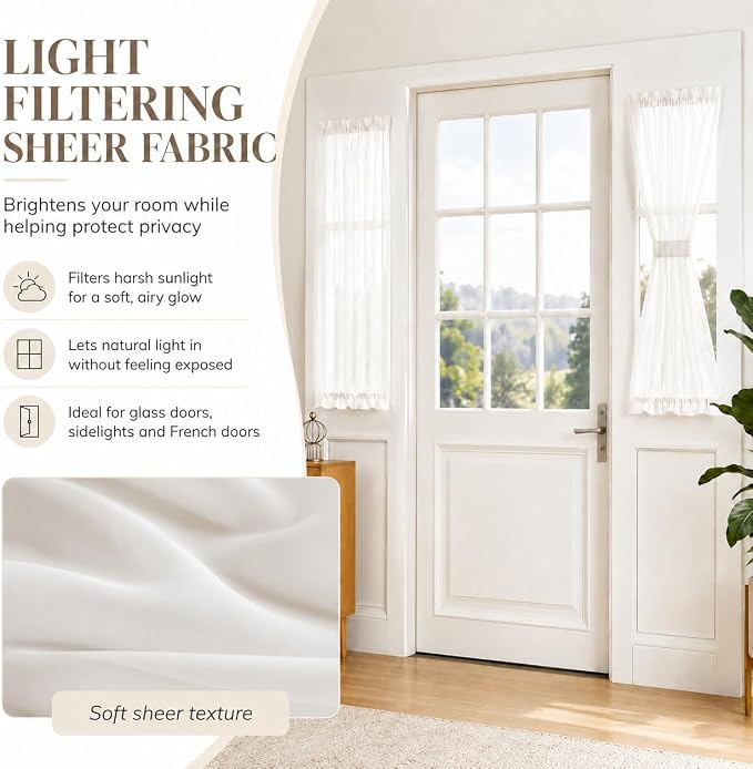 Aquazolax Glass Door Curtain Panel Elegant Soild Rod Pocket Sheer Voile Panels 54x40-Inch for French Doors Windows with Tieback - 1 Panel, White