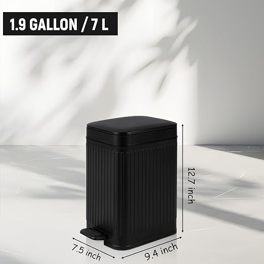 Small Bathroom Trash Can with Lid, 1.9 Gallon Slim Soft Close Step, Black | Garbage Can with Pedal for Office, Bedroom, Kitchen & Living Room, Narrow Plastic Wastebasket Container for Small Spaces
