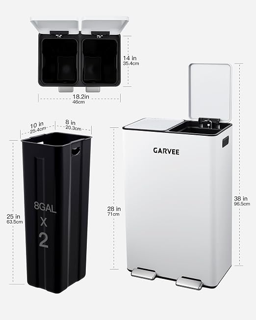 Garvee 16 Gal Dual Compartment Stainless Steel Trash Can with Inner Buckets | White Step Pedal Trash Can, Heavy Duty Recycling Bin with Lid & Step Pedal, for Kitchen, Office, Home, Commercial Use