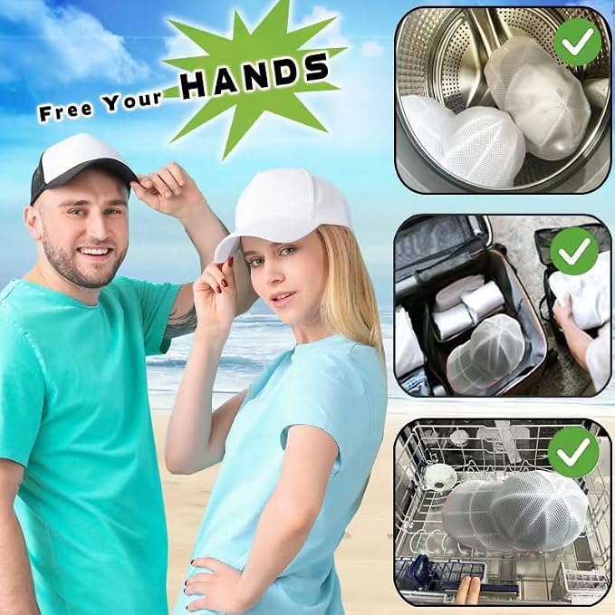 Hat Washer Cage for Washing Machine (2 Pack - White) | Baseball Cap Washer with Mesh Bags, for Washing Machine or Dishwasher, Ball Cap Washers Frame for Flat & Curved Hats