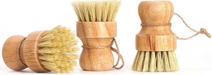 Diahom Bamboo Dish Brush Scrubber 3 Pack for Kitchen Cleaning Pot Pans