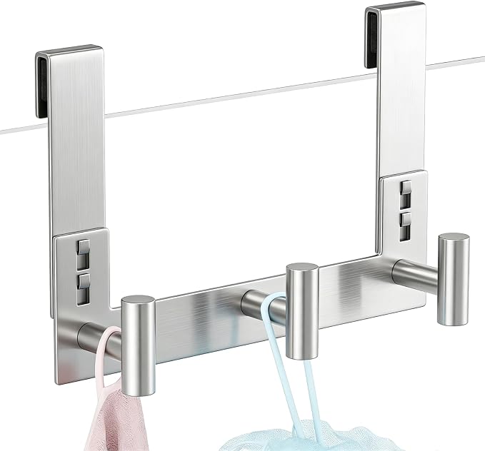 PMMASTO Long Shower Hanger for 3/8 Inch Glass, Silver- 3 Hooks, T Shape | Stainless Steel Hooks Organize Towels And Robes on Frameless Glass Shower Doors in Bathrooms