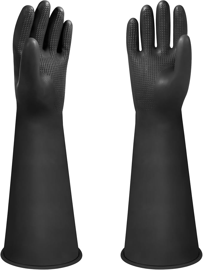 16" Chemical Resistant Gloves, Black Safety Work Heavy Duty Rubber Gloves | Long Waterproof Rubber Industrial Safety Glove for Cleaning, Gardeing,Dishwashing