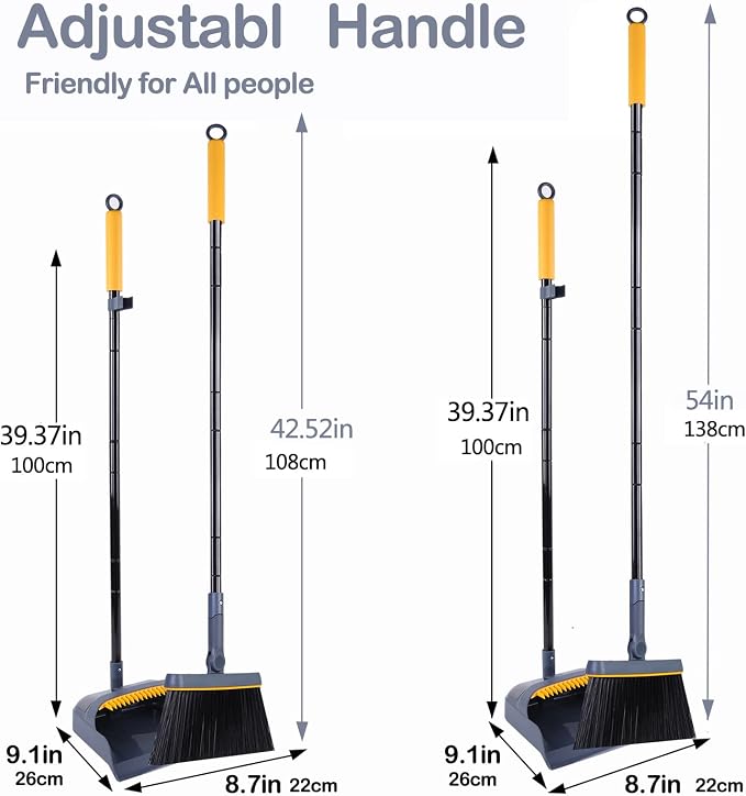 JEHONN Broom and Dustpan Set for Home, 54 Inches Long Handle Lightweight 180 Degree Rotating Indoor Upright Standing Dust Pan with Comb Teeth, Store Sweep Set for Room Kitchen Lobby Office