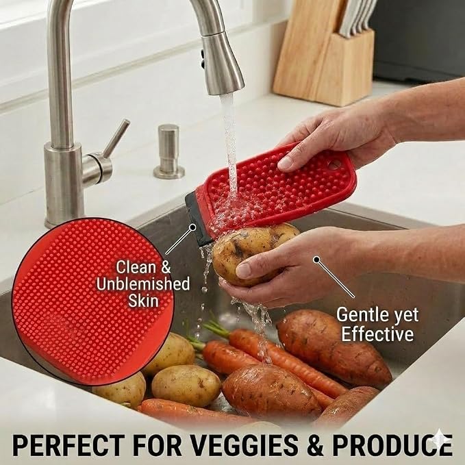 3-in-1 Silicone Dish Scrubber with Scraper&Vegetable,Fruit Brush-Grey 1PCS | silicone dish scrubber and vegetable&fruit brush with built-in scraper. Food-grade, fast-drying, and scratch-free
