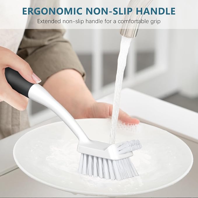 SetSail Dish Brush Set of 3 with Bottle Brush, Dish Scrub Brush with Long Handle Deep Cleaning Handle Brush with Scraper Tip for Kitchen Sink Dishes Bottle Cup Pot and Pans Tile Lines, Black | Built-In Scraper Tip, Non-Slip Rubber Handle, Pet Stiff Bri...