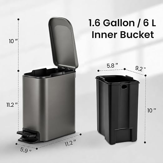 TIPGO Small Bathroom Trash Can with Lid, 1.6 Gal, Soft Close, Black Gold | Foot Pedal, Soft Quiet Lid, 5.9'' Slim for Narrow Space, Stainless Steel, Anti-fingerprint, Removable Inner Bucket, Odor Seal