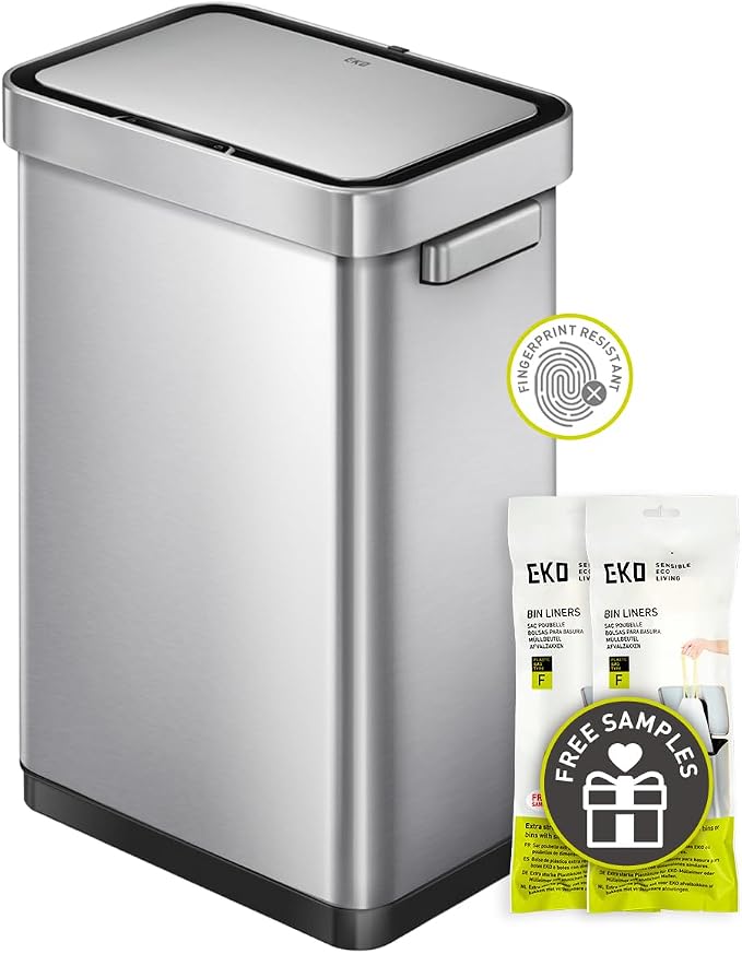 EKO Deluxe Motion Sensor 50 Liter Stainless Steel Trash Can Bundle with 4 Activated Charcoal Odor Filter Refills