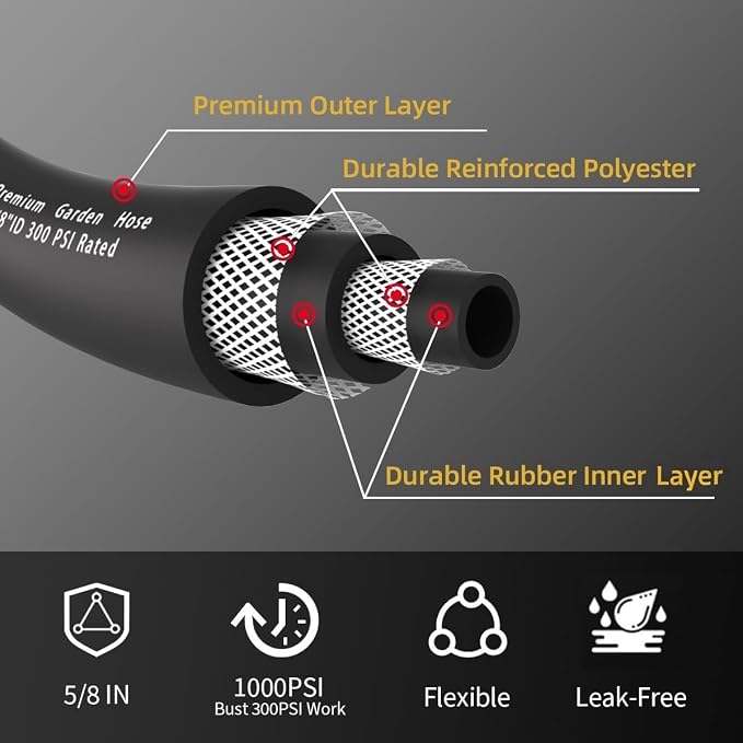 Heavy Duty Premium Garden Hose 10ft x 5/8", 300PSI Working, 1000PSI Burst, Hybrid Rubber Water Hose with Transparent Swivel Handle - Hot/Cold Water - Five Layered Braiding with Brass fittings (Black)