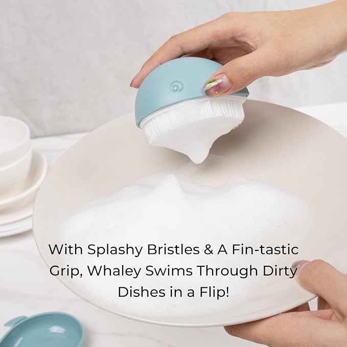 Whale Dish Brush – Cute Whale Scrub Brush for Dishes & Veggies, Palm Cleaning Brush, Funny Kitchen Gadget, Sink Accessories, Unique Gifts for Women, Housewarming or White Elephant Gifts
