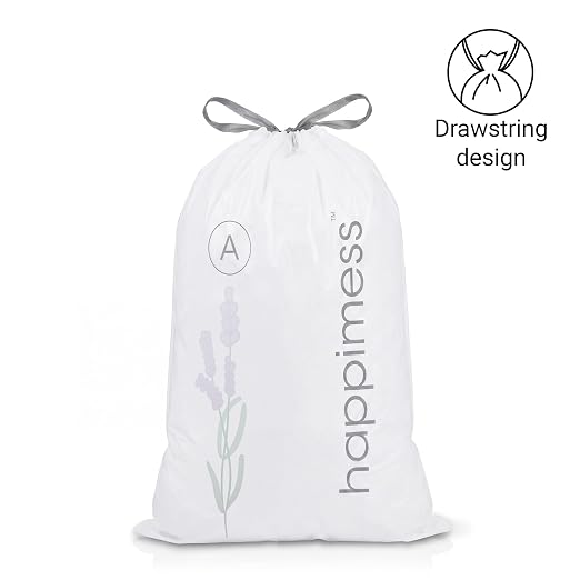 happimess 20-Count Lavender 8 Gal Drawstring Trash Bags, White, Pack of 5 | 30 Liters, Heavy Duty MDPE Plastic, Tear And Puncture Resistant, Tailored Custom Fit, Recyclable, Odor Control